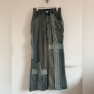 ROMWE Grunge Punk Cross Pattern Raw Trim Flare Leg Jeans Size 2